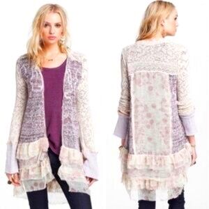 Free People Boho Caspia Floral Lace Gypsy Long Ruffle Bohemian Cardigan Size M